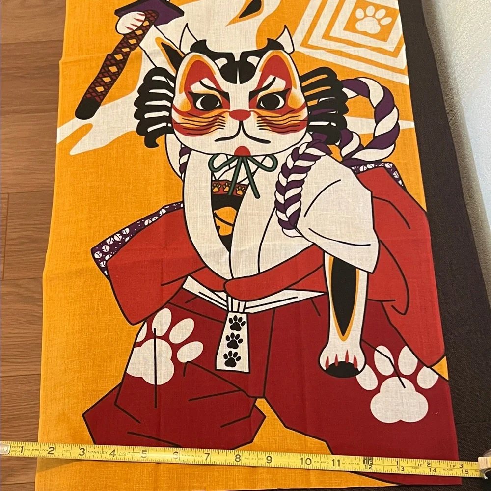 # 0893*35 L X 15W” Unframed Samurai Cat Tapestry/Vibrant Orange & Red Cat Lovers